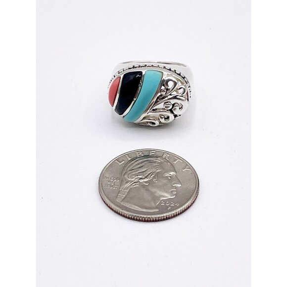 Vintage 925 Sterling Silver Inlay Ring SZ 6.5 Turquoise Onyx Coral Southwest - Picture 6 of 11